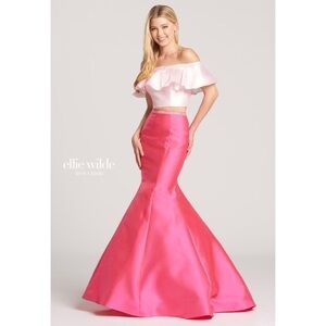 NWT Ellie Wilde by Mon Cheri Hot Pink Two Piece Off Shoulder Satin Formal Dress